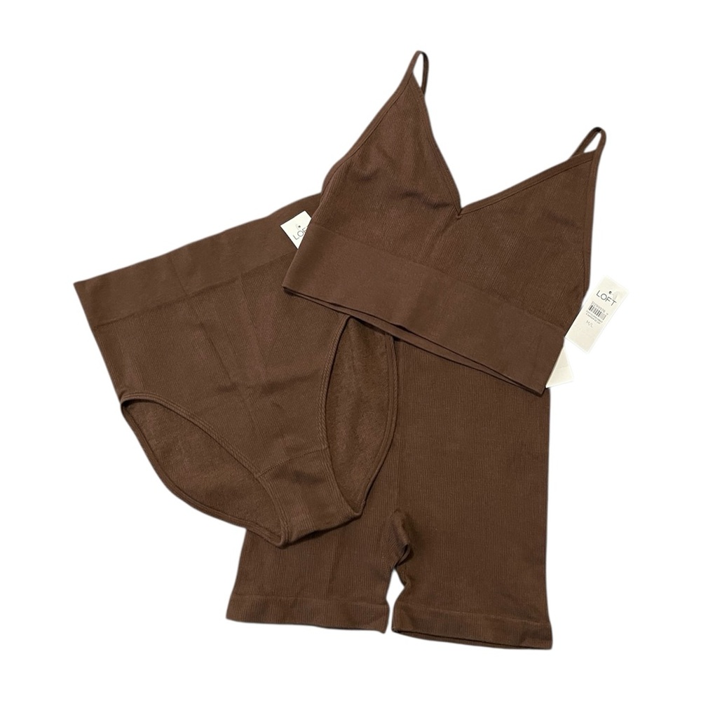 Loft brown seamless bralette, high rise shorts, and underwear 3 piece set